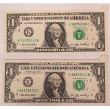 UNITED STATES OF AMERICA 2006 . ONE 1 DOLLAR BANKNOTE . CONSECUTIVE PAIR . ERROR . FLAP FOLD